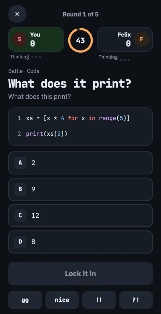 A round of a live battle: both players' scores, a 45-second countdown, a What does it print? question with four choices, a Lock it in button and preset reactions such as gg.