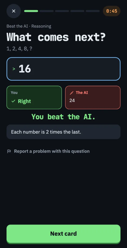 A Beat the AI card. The question asks what comes after 1, 2, 4, 8. The player typed 16 and was right; the AI said 24. The screen says You beat the AI.