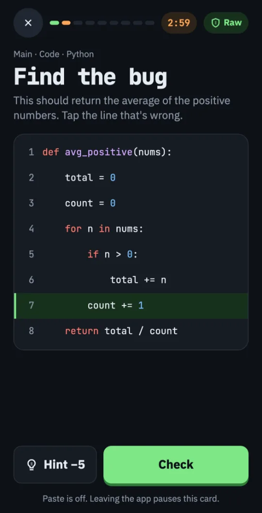 A Find the bug card in Python: an average function with line 7, count += 1, selected as the wrong line, a timer reading 2:57 and a Check button. A note says paste is off.