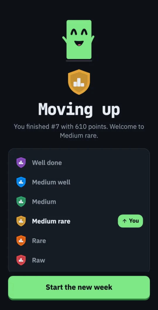 The week-end moment: Blink the character cheering above a gold shield, the words Moving up with the player's place and points, and the league ladder with the new tier marked You.