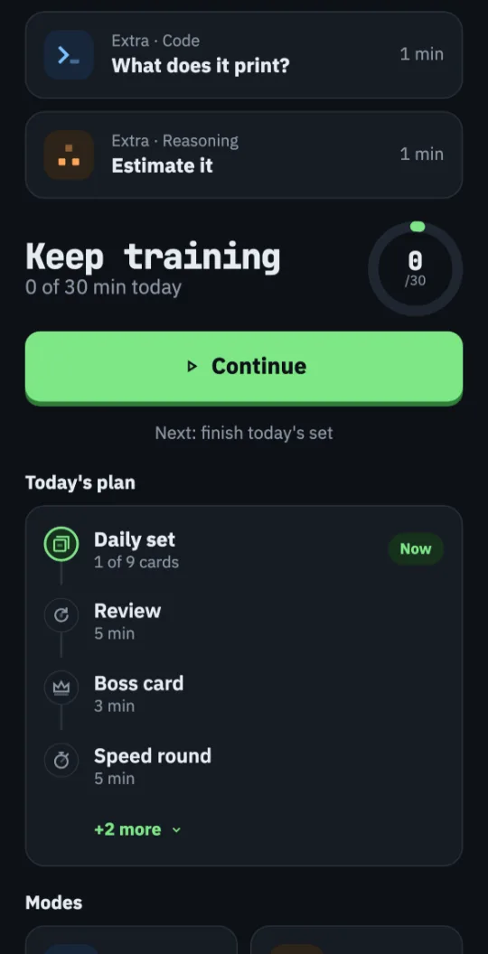 Raw's Today screen: the last cards of today's set, then Keep training, with a 30-minute daily goal ring, a Continue button and today's plan of modes.